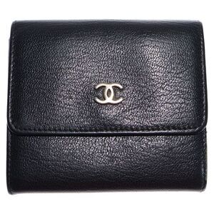 Chanel Coco Mark Trifold Wallet Compact Wallet Coin Case Black Leather Gold